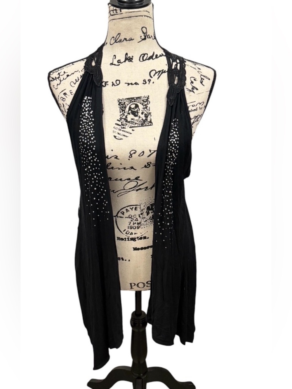 Petrol Black Sleeveless Cardigan with Rhinestones Studded Draped Open Front Vest